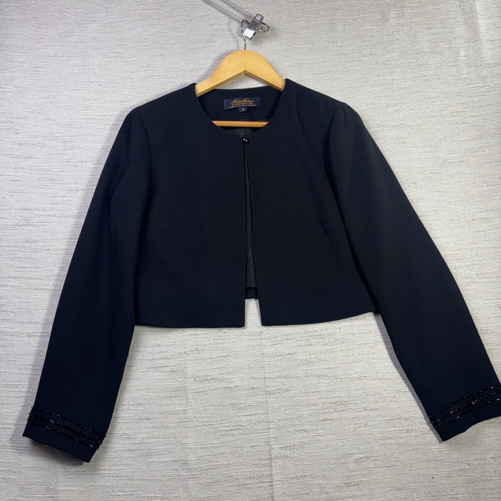 VTG Brooks Brothers Black Cropped Bolero Jacket Beaded Cuffs Made in USA Size 10